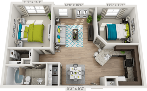 Floor plan for 2 beds, 1 bath, 876 sqft